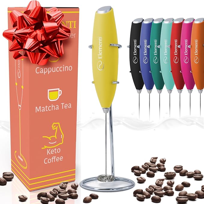 Elementi Milk Frother Handheld - Electric Coffee Mixer for Lattes, Cappuccinos and Cold Foam - Compact Drink Frother Wand for Barista-Style Beverages (Yellow)