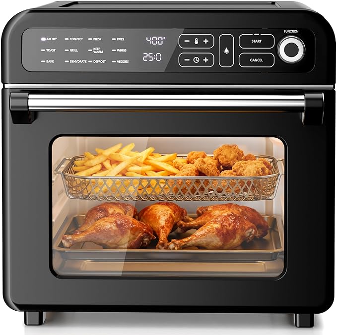 Kismile 18QT Air Fryer Toaster Oven Combo, 12-in-1 Countertop Convection Airfryer Oven, Adjustable 70–450℉ Temperature, Bake, Reheat & Broil, Fits 8-10″ Pizza, Complete Accessories Included, Black