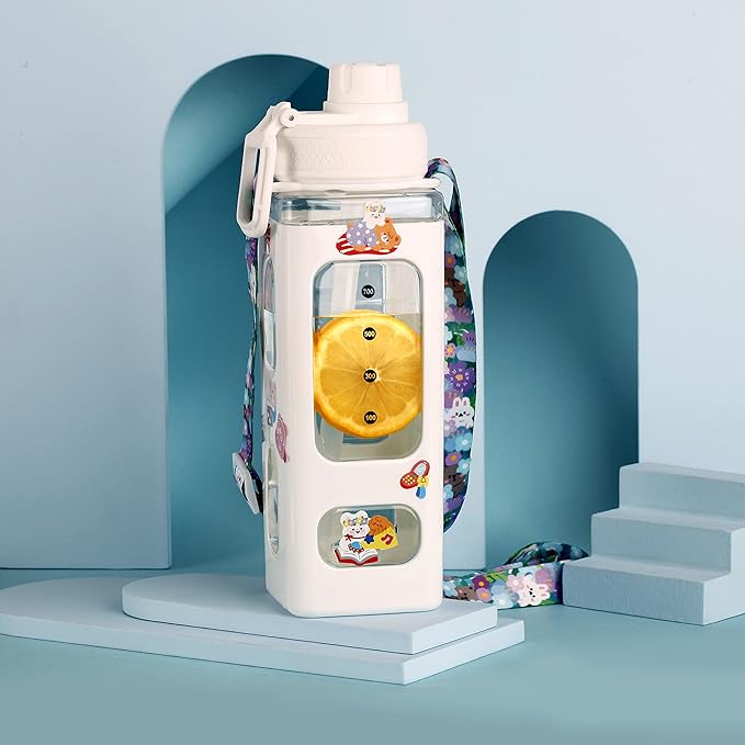 Kawaii Bear Pastel Water Bottle With 3D Sticker 700ml Plastic Travel Tea Juice Milk Portable Cute Shaker Drink Bottle Gift (White)