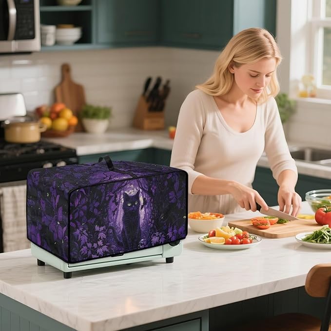 Countertop Convection Oven Cover Decorative and Protective Air Fryer Toaster Oven Dust Cover for Home Kitchen Indoor Decor, M, Black Cat Skull Bat Violet Forest Halloween
