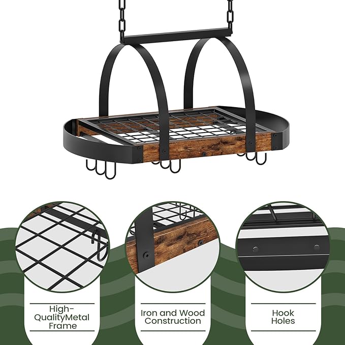 CHOEZON Hanging Pot Rack, Pot Hanger for Kitchen, Ceiling Mounted Pot Holder, Cookware Organizer with 9 S-Shaped Hooks, for Pot, Pan Storage, Space-Saving, Rustic Brown and Black TPR07BF