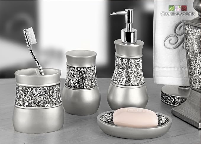 Crackled Glass Silver Toothbrush Holder And Toothpaste Holder For Bathroom - Elegant Crackled Glass Bathroom Toothbrush Organizer - Decorative 2 Slot Family Toothbrush Cup Holds Multiple Toothbrushes