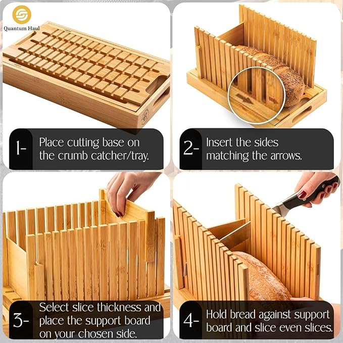 Bamboo Bread Slicer with High-Grade Stainless Steel Knife – Adjustable Wooden Bread Cutter Guide with Crumb Tray, Brush & Pouch | Manual Bread Slicer for Homemade Bread, Sourdough, Loaf, Cakes