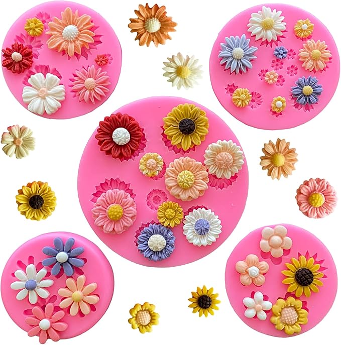 5Pcs Daisy Flower Molds Silicone Small Flower Chocolate Molds Sunflower Fondant Cake Candy Candle Resin Soap Ice Cube Mold for Baking