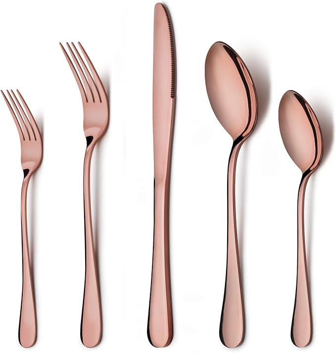 LIANYU 40-Piece Copper Flatware Silverware Set for 8, Stainless Steel Cutlery Eating Utensils Set, Wedding Party Festival Silverware, Mirror Finish, Dishwasher Safe