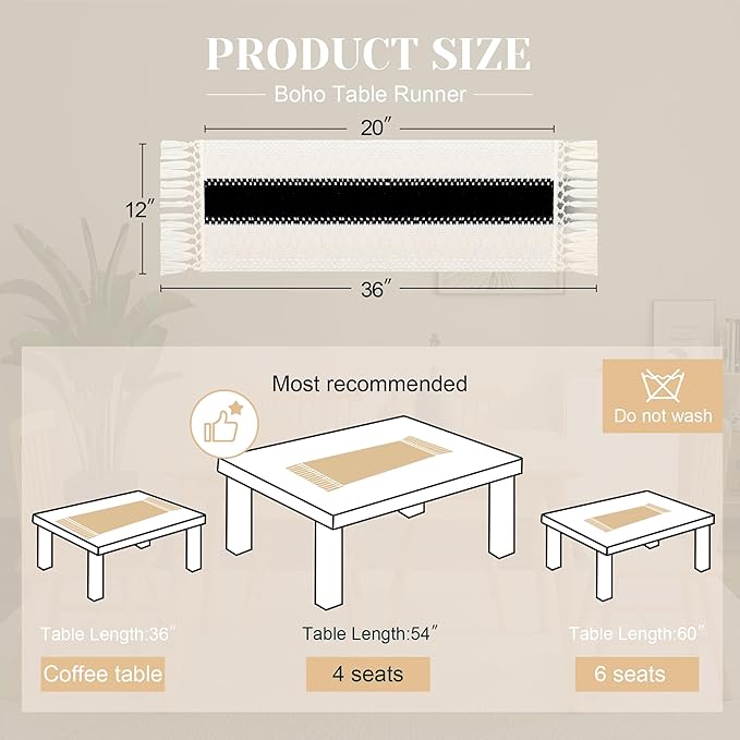 FEXIA Boho Table Runner for Home Decor with Tassels 36 Inches Long,Black Farmhouse Rustic Table Runner Macrame Burlap Table Decoration for Living Room Bridal Shower(12x36 Inches)