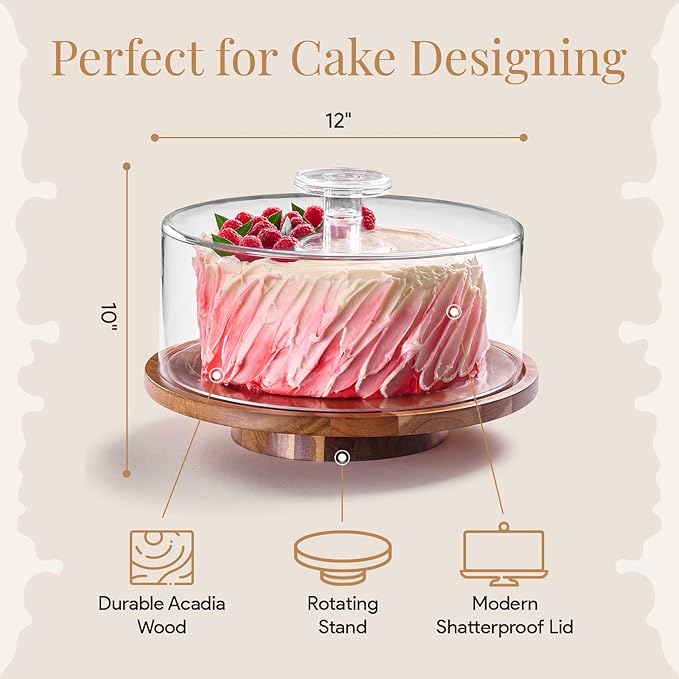 HOMESPHERE Rotating Cake Stand With Lid - 12 Inch Round Cake Holder with Cover, 4” Tall, Acacia Wood Spinning Cake Turntable for Decorating, Display and Serving Platter, Acrylic Cake Dome, No Glass
