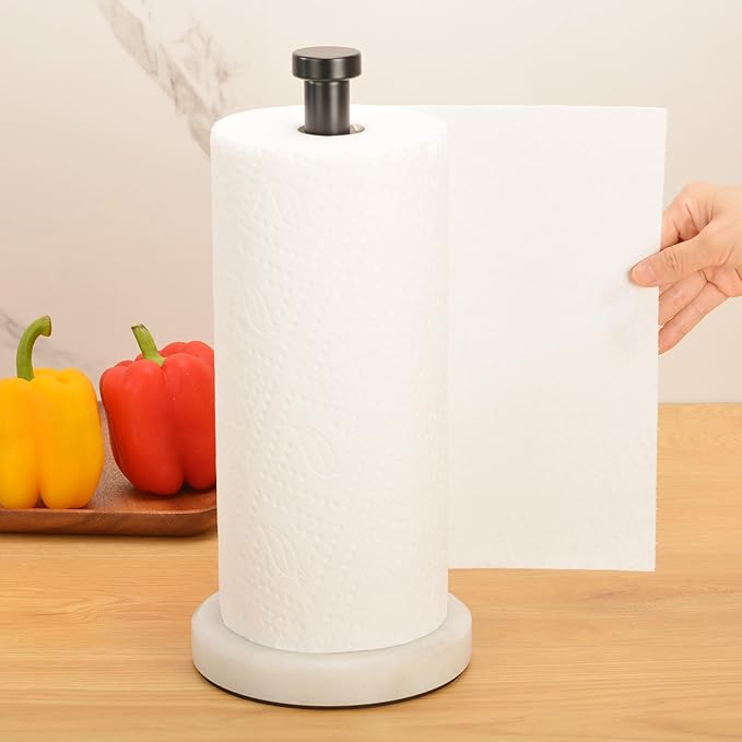 Kitchen Paper Towel Holder Countertop, Black Stainless Steel Rod, White Weighted Natural Marble Base, Heavy Duty Standing Paper Towel Roll Holders Easy One Hand Tear