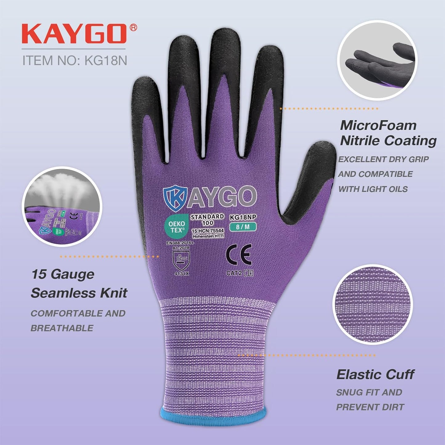 KAYGO Safety Work Gloves MicroFoam Nitrile Coated, 12 Pairs KG18NB,Seamless Knit Nylon Glove for Men and Women, Ideal for Automotive,Warehouse,Construction (XL, Purple)