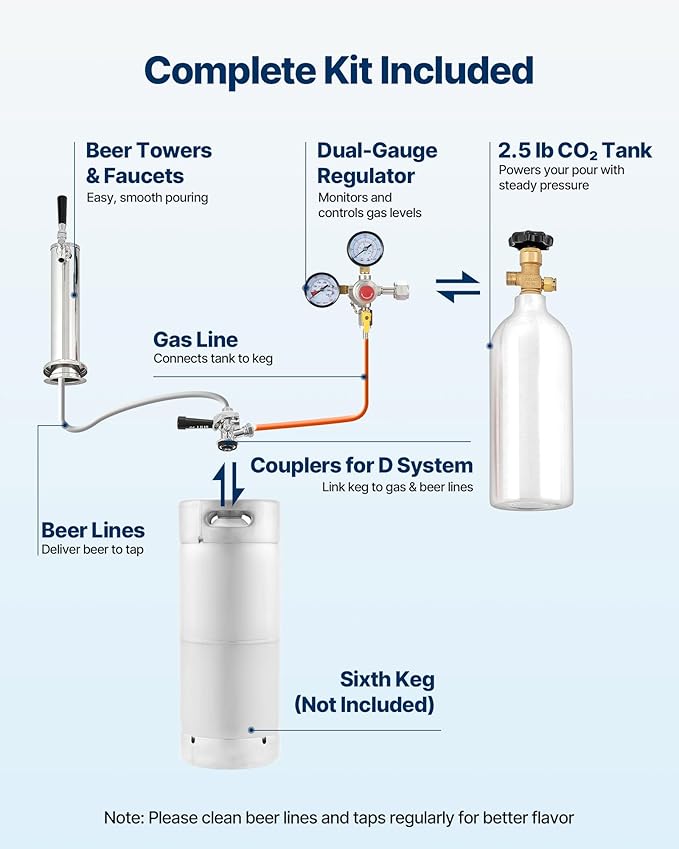 VEVOR Beer Kegerator, Single Tap Commercial Draft Beer Dispenser for D system, Refrigerator With Shelves, Hold 1 Sixth Keg, 2.5lbs CO2 Tank, 92L