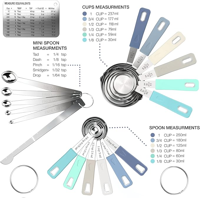 CuttleLab 22-Piece Stainless Steel Measuring Cups and Spoons Set, Tad Dash Pinch Smidgen Drop Mini Measuring Spoons, Measuring Stick Leveler, Measurement Conversion Chart Fridge Magnet, (Farmhouse)