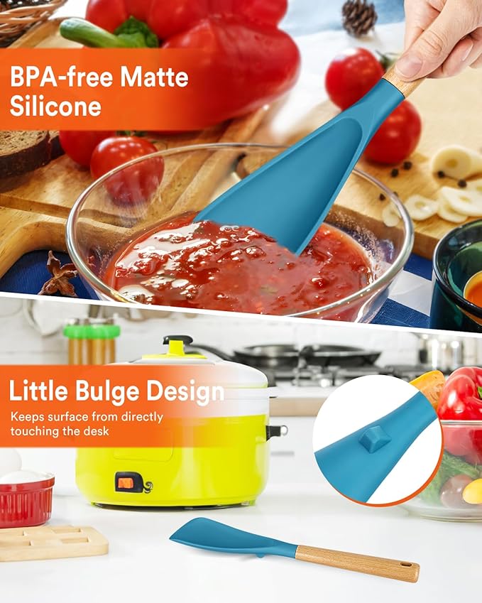 Multifunction Spatula Spoon for Nonstick Cookwares, Great for Cooking and Serving, Sturdy BPA-Free Matte Silicone, Wood Handle Spatula for Mixing, Scoop, and Scrape, Turquoise(2 pack,11.4" & 13.4")