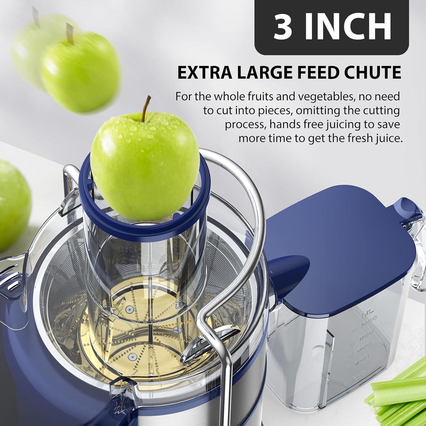 1300W KOIOS Centrifugal Juicer Machines, Juice Extractor with Extra Large 3inch Feed Chute, Full Copper Motor, Titanium-Plated Filter, High Juice Yield, 3 Speeds Mode, Brush included, Non-BPA, Blue