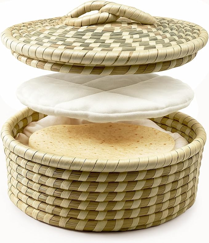 Handwoven Seagrass Tortilla Warmer Basket with Lid, 9.6" Breathable Natural Tortilla Holder with 2 Washable Cotton Liners, Boho Farmhouse Style Server for Tortillas, Roti, Pancake & Flatbread