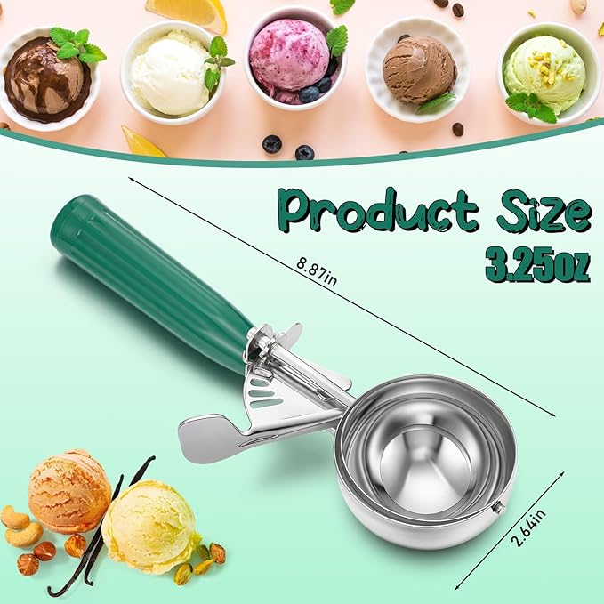 Reallnaive 2 Pcs Release Cookie Scoops Ice Cream Scooper with Trigger Release Portion Scoop Stainless Steel for Portion Control, Baking Food, Cookie Dough (3.25 oz,Green)