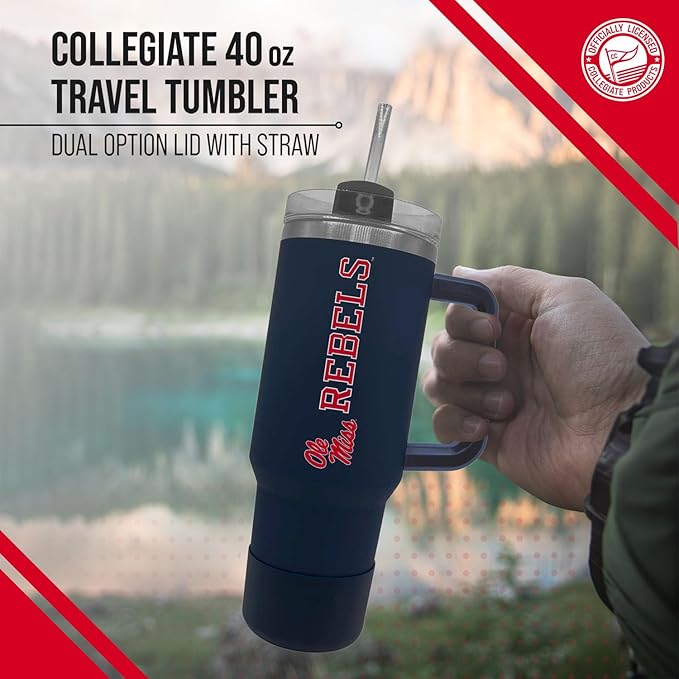 Campus Colors College & University 40 oz Travel Tumbler With Handle - Dual Option Lid With Straw - Vacuum Insulated Stainless Steel (Ole Miss Rebels - Navy)