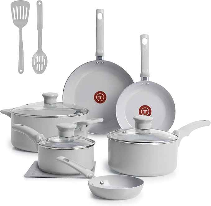 T-Fal Refresh Ceramic Nonstick Cookware Set, 12-Piece Ceramic Pots and Pans Set, Includes Stockpot, Griddle, Frying Pans, Utensils, Moon Grey