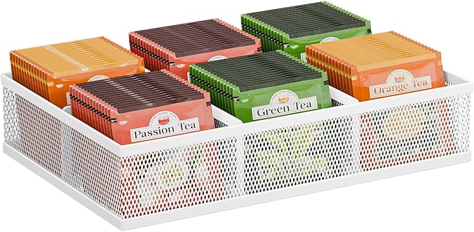 Tea Bag Organizer 6 Grids. Mesh Tea Bag Holder with Handle, Teabag Holder, Tea Station Organizer for Countertop, Pantry, Kitchen, Cabinet -White