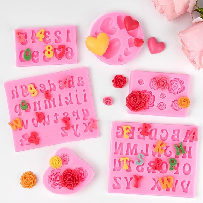 6 PCS Silicone Letter Molds, Non-Stick Number Alphabet Heart Rose Flower Fondant Molds for Chocolate, Candy, Cake Decoration, Cupcake Topper