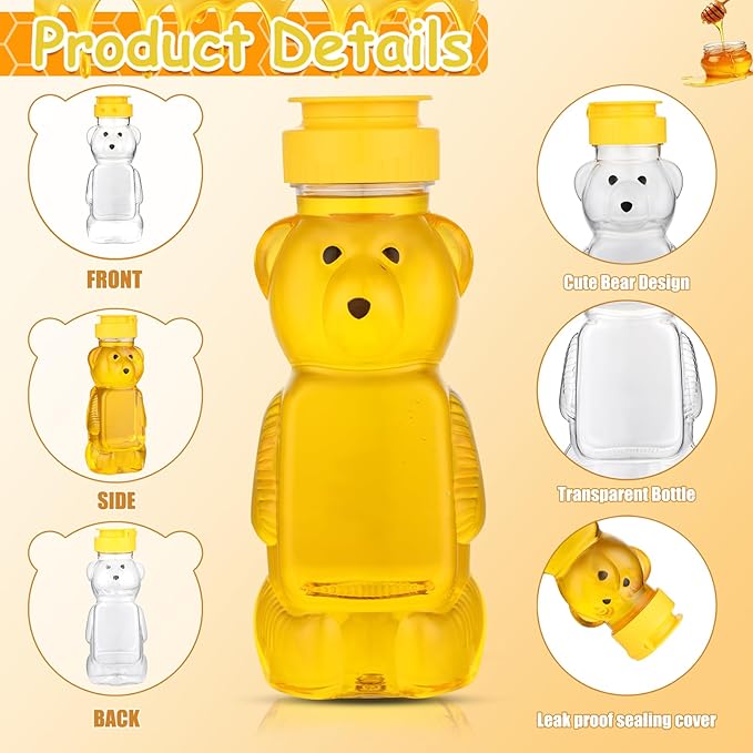8oz Plastic Honey Bear Bottle Mini Honey Jars Party Favors Small Honey Bear Bottles with Lids Bear Shape Clear Empty Honey Jar with Screw Yellow Lid 50 Tags 2 Rolls Jute Rope (36-set)