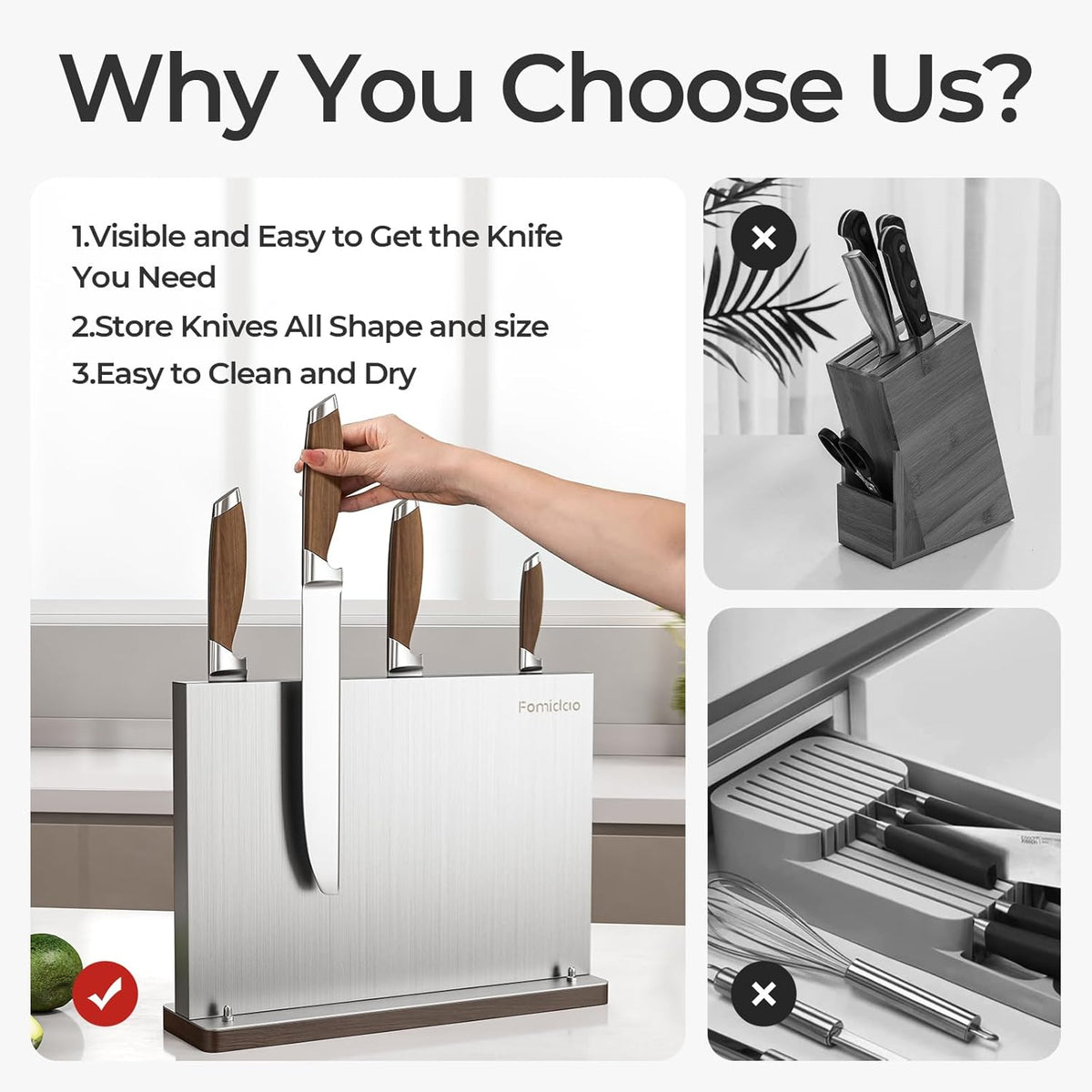 Magnetic Knife Block,Stainless Steel Magnetic Knife Holder Rack for Kitchen Counter,Strong Double Sided Magnet Knife Storage Stand with Wood Base