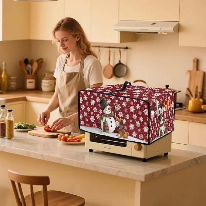 Toaster Oven Dust Cover with Storage Pockets, Protective Decorative Smart Oven Cover for for Kitchen Countertop, L, Snowman Dachshund Dog Snowflake Red Christmas Decor