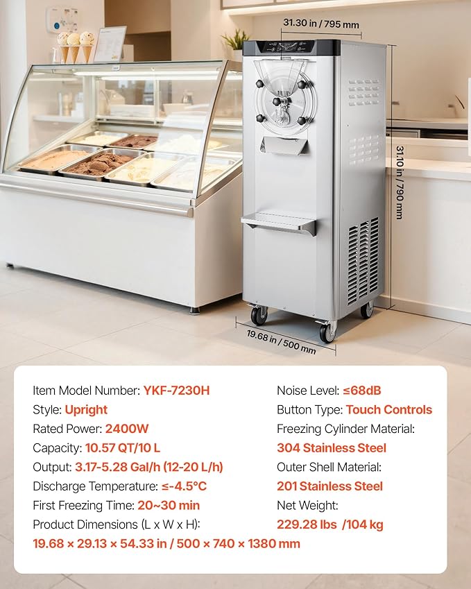 VEVOR Commercial Hard Ice Cream Machine, 2400W 3.17 to 5.28 Gallons per Hour, Gelato Hard Serve Ice Cream Maker with 10L 304 Stainless Steel Cylinder, Auto Clean LED Panel for Snack Bar Restaurants