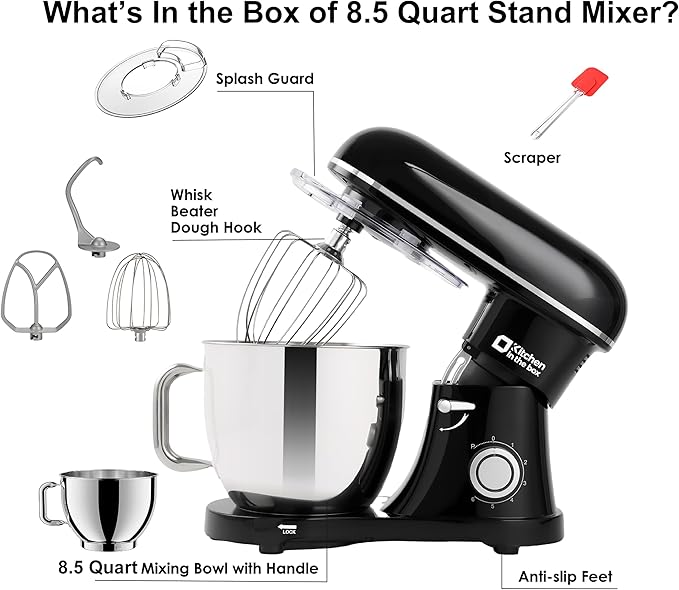 Kitchen in the box Stand Mixer - 8.5 Quart Mixing Bowl with Handle, 900 Watt Heavy Bread Dough Standing Mixers Tilt-head with Dough Hook, Whisk, Flat Beater and Splash Guard (Black)
