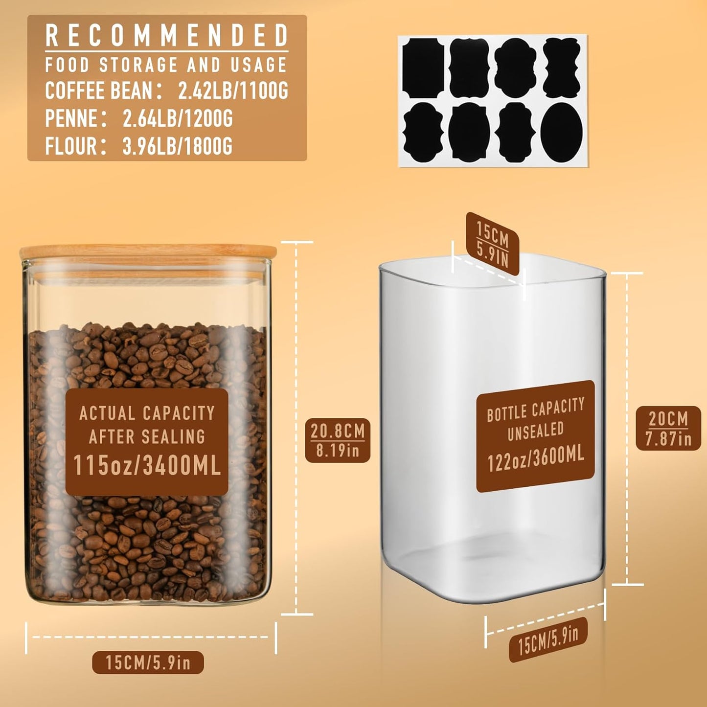 122oz Airtight Glass Square Storage Canister with Bamboo Lid Set of 2(3600ml*2) Large Storage Container Gallon Glass Jars, for Sugar, Flour, and Coffee bean (with Black Lable)