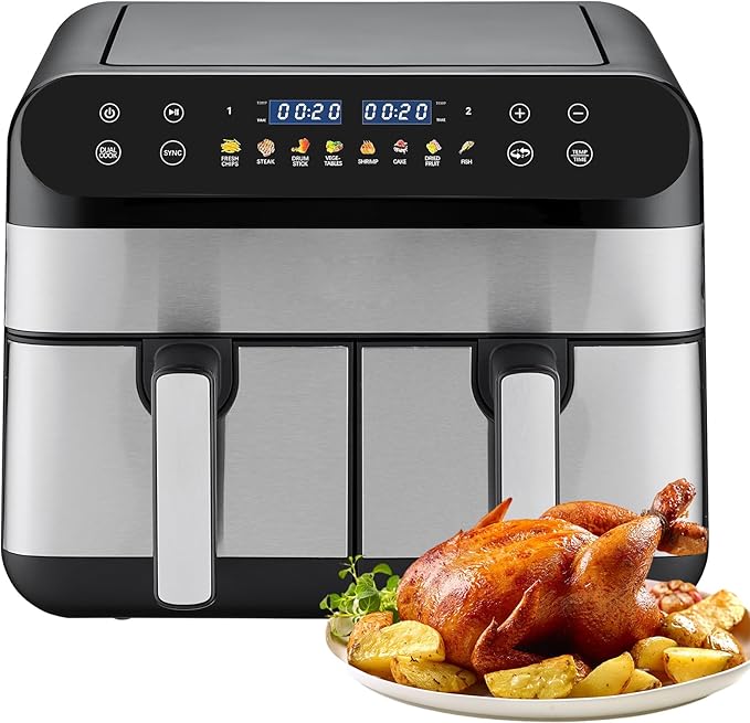 9.5 Quart 8-in-1 DualZone 2-Basket Air Fryer with 2 Independent Frying Baskets, Match Cook & Smart Finish to Roast, Broil, Dehydrate & More for Quick, Easy Meals