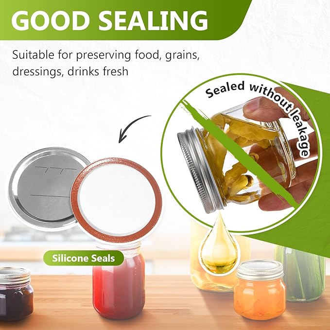 52Pcs Wide Mouth Canning Lids, Rings for Ball & Kerr Mason Jar Lids with Bands - Food Grade with Silicone Airtight Seal Split-Type Metal Large Ball Lids