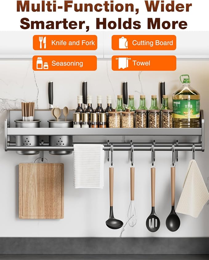 kitchen utensil hanger, wall mounted rail with hooks, waterproof hooks for utensils, easy installation without drilling (27.56 inches, Cups, 3)