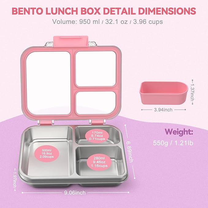 Stainless Steel Bento Box for Kids, 3-Compartment Metal Lunch Box with Clear Lid & Removable Silicone, Lunch Box Kids with Silicone Inner Container for Meal Prep, School, Office (Pink)