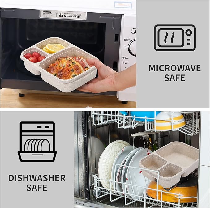 buluker 4 Pack Bento Lunch Box Set 3 Compartment Food Storage Containers Wheat Straw Meal Prep Lunch Box Plastic Food Storage Containers, Microwave and Dishwasher Safe (light colour)