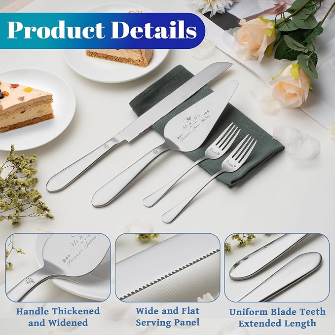 Eisinly Cake Cutting Set for Wedding, Elegant Cake Knife and Server Set with Stainless Steel Forks, Cake Cutter and Pie Spatula for Couples Wedding Registry, Engagements, Anniversary, 4 Pcs, Silver
