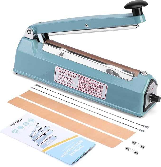 METRONIC Impulse Sealer 8 inch, Manual Heat Sealer Machine for Plastic Bags, Shrink Wrap Bag Sealers Heavy Duty Sealing Machine With Repair Kit, Blue(Pack of 6)