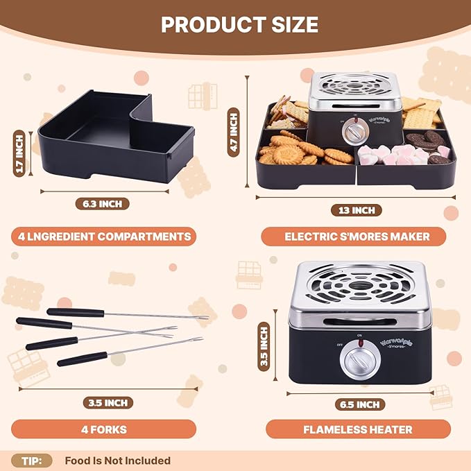 Electric Smores Maker - Indoor Smores Kit with 4 Detachable Trays, 4 Stainless Steel Forks - Flameless Smores Maker Tabletop Indoor Kit (Black)