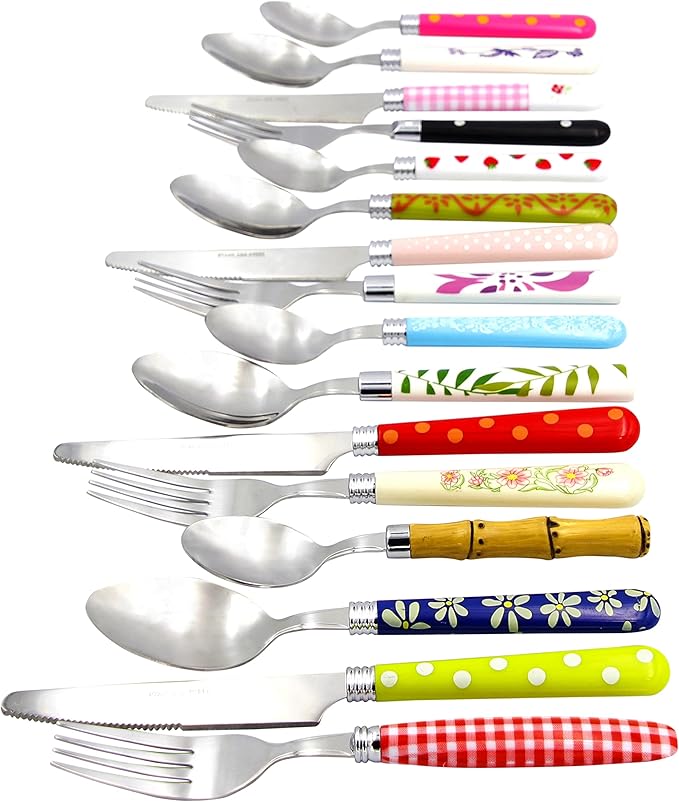 The Original Brink House Eclectic Collection Mix & Match Stainless Steel Cutlery Set with Multicolored Handles / 16 pieces with Metal Stand/Lifestyle utensils for home, apartment, dorm, outdoor