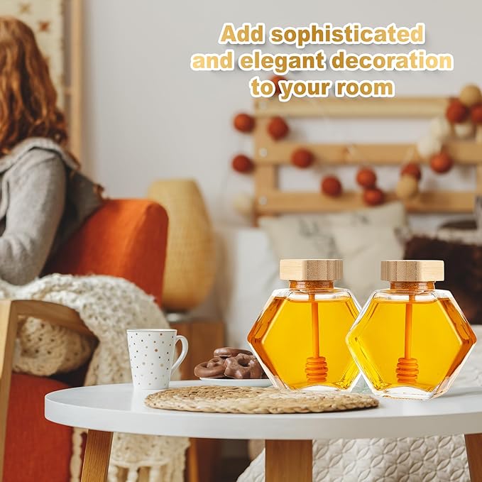 Sunnyray 30 Pcs Glass Honey Jars with Dipper Hexagonal Clear Glass Dispenser Small Honey Containers Bottle with Wooden Dipper and Cork Lid for Home Storage Kitchen (220 ml)