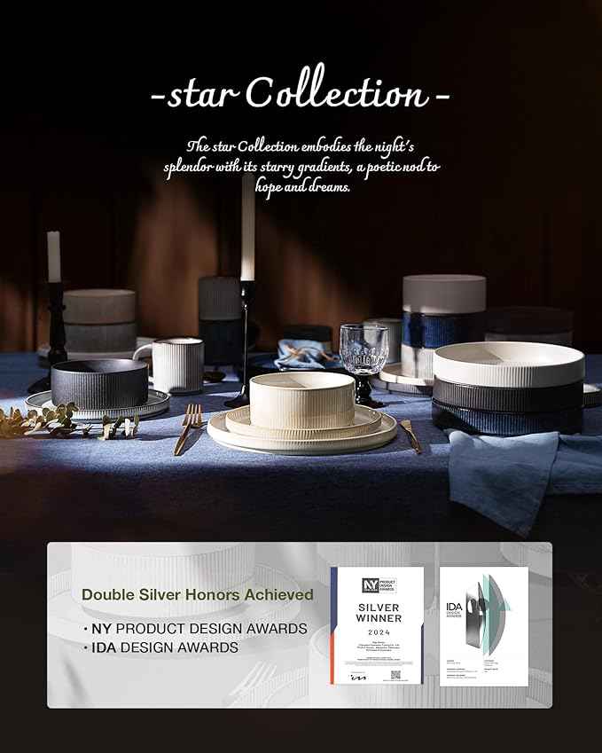 Famiware Star Dinnerware Set, Plates and Bowls Sets for 6 (18pcs), Ribbed Stoneware Dishes - Chip & Scratch Resistant, Microwave & Dishwasher Safe Kitchenware, Matte Gray