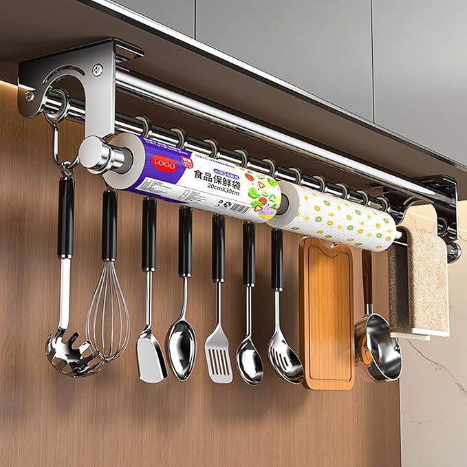 Hanging Wall Mount Knife Wall Mount,Kitchen Utensil Hanger,Space-Saving Kitchen Utensil Rack with Hooks,Kitchen Storage Shelf for Utensils Spatula Spoon, Easy to Clean (Black, 50CM+10Hook)
