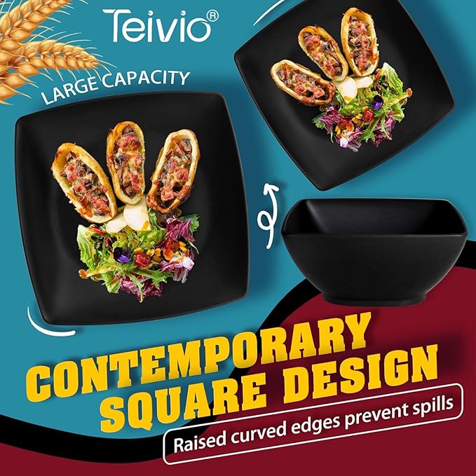 Teivio 32-piece Plastic Wheat Straw Square Dinnerware Set for 8, Unbreakable Dinner Plates, Salad Plates, Snack Bowls, Tumblers, Dishwasher Safe, Black