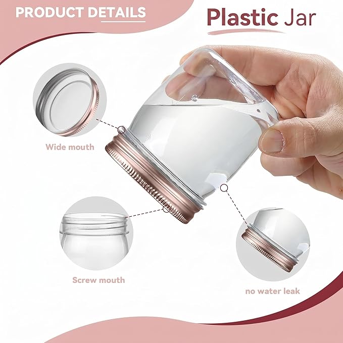 novelinks 8 oz Clear Plastic Jars with Airtight Lids, 24 Pack Plastic Mason Jars with Lids 8oz, Refillable Storage Slime Containers & Small Spice Jar for Kitchen Organization (24 Pack,Rose Gold)