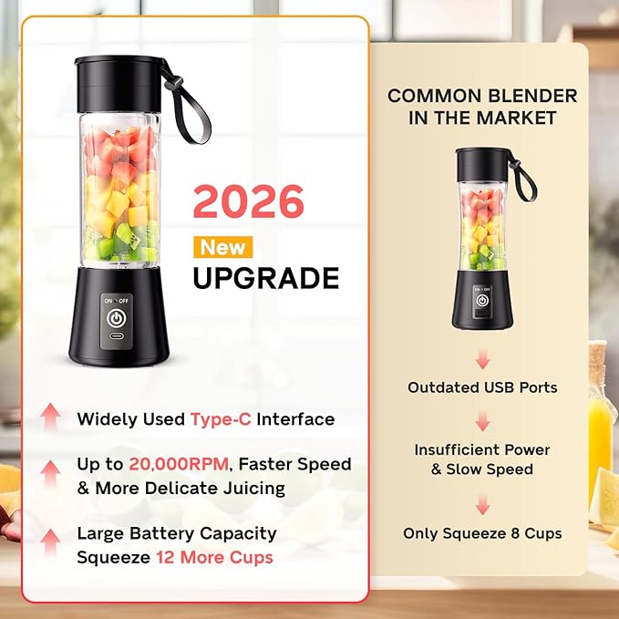 Cordless Portable Personal Size Blender - Mini Blender Make Smoothies and Shakes, 380Ml BPA Free Travel Cup, Powerful Blending Suit in Office/Home/Gym