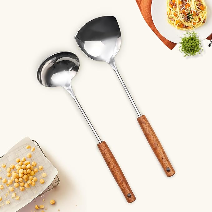 FJNATINH Wok Spatula and Ladle Tool Set - Stainless Steel Wok Tools,Wok Utensil,Mirror Polished Stainless Steel Cooking Utensils 14.6-15.2" Kitchen Utensils Cookware, Pack of 2