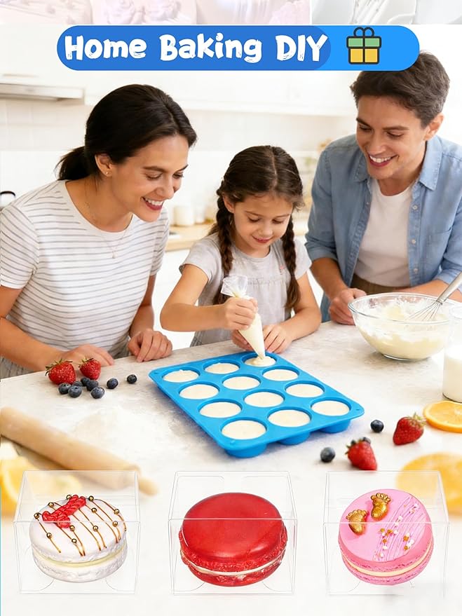 3 Pcs Round Chocolate Cookie Molds Set ,12-Cavity Round Silicone Mold with 30 Clear Treat Boxes, Round Baking Mold for Oreos,Candy, Mini Cake, Individually Wrapped Cakesicle Party Favor Packaging