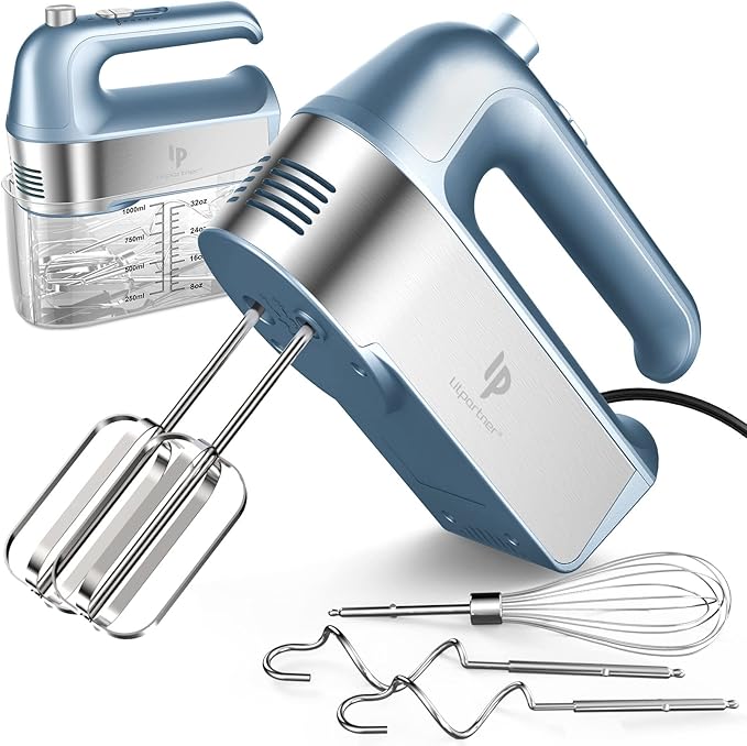 Hand Mixer Electric, 450W Kitchen Mixers with Scale Cup Storage Case, Turbo Boost/Self-Control Speed + 5 Speed + Eject Button + 5 Stainless Steel Accessories, For Easy Whipping Dough, Cream, Blue