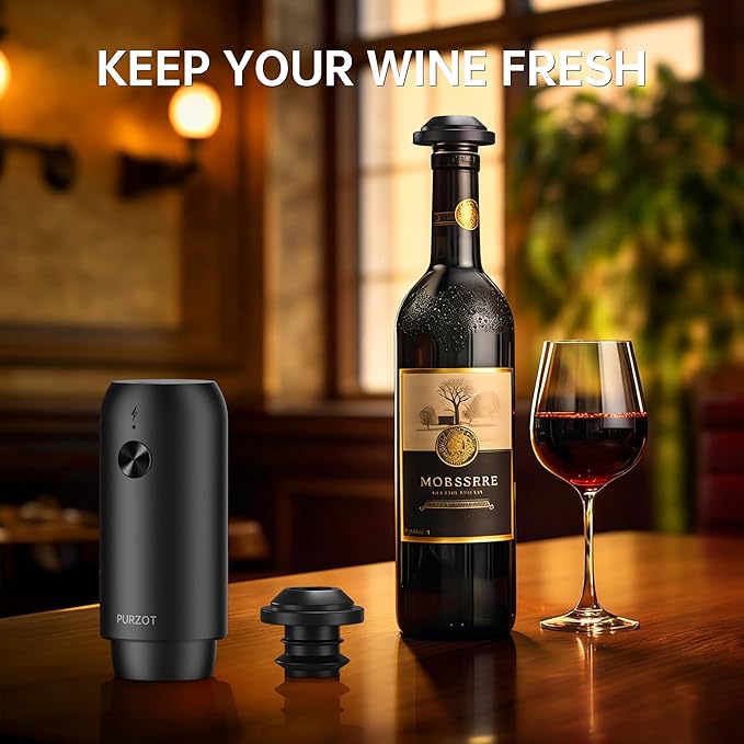 Rechargeable Electric Vacuum Wine Sealer Pump, One-Touch Automatic Air Remover, Cordless Type-C Charging Preservation Tool with Reusable Stopper for Home Bar Kitchen Party