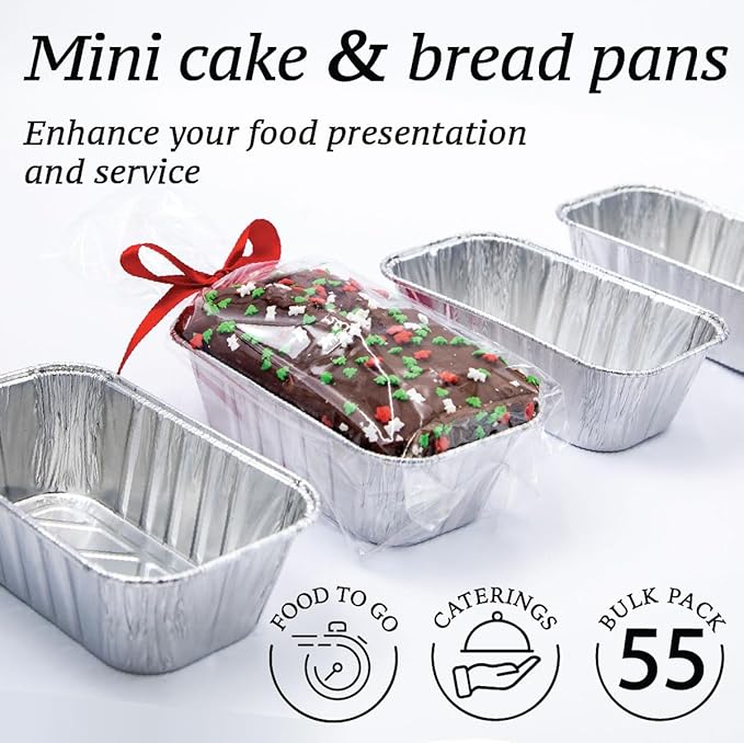(55 Pack) 1LB Mini Foil Loaf Pans - 1 Pound Disposable Aluminum Baking Pans for Individual Bread, Cake, Meatloaf - Small Loaf Pans with Liners, Small Bread Tins 6 x 3.5 x 2