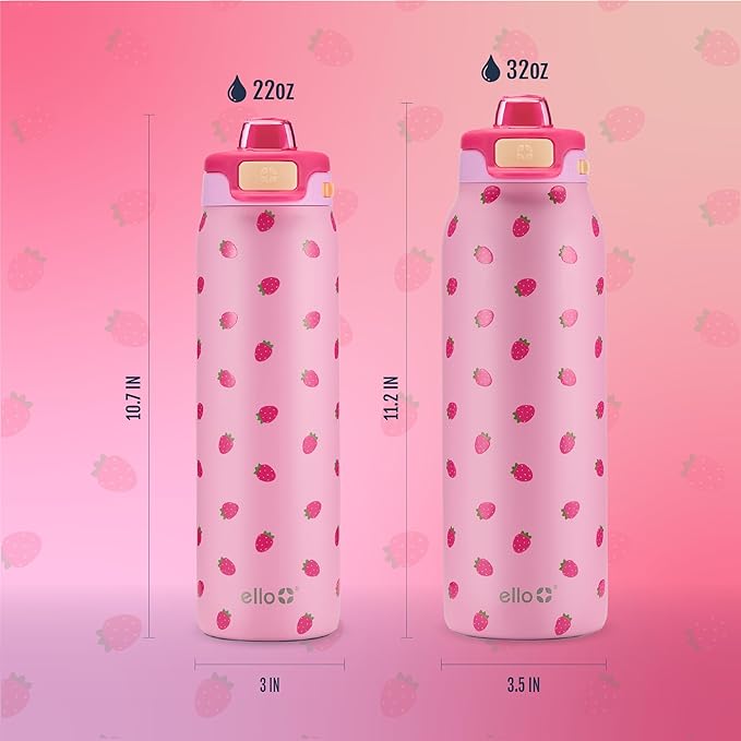 Ello Pop & Fill 32oz Stainless Steel Water Bottle with QuickFill Technology, Double Walled and Vacuum Insulated Metal, Leak Proof Locking Lid, Straw and Chug, Reusable, BPA Free, Strawberries
